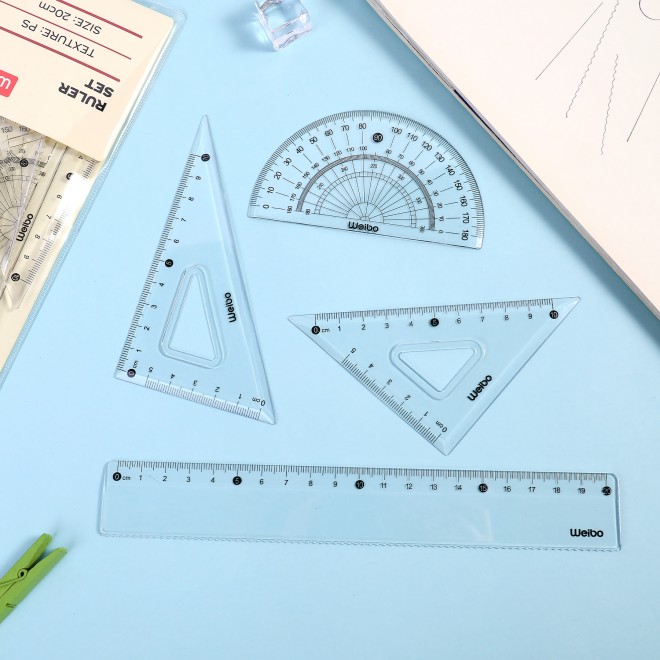 WEIBO Hot Selling Measuring Tool 4pcs Geometry Ruler Set School Plastic Ruler Set For Kids