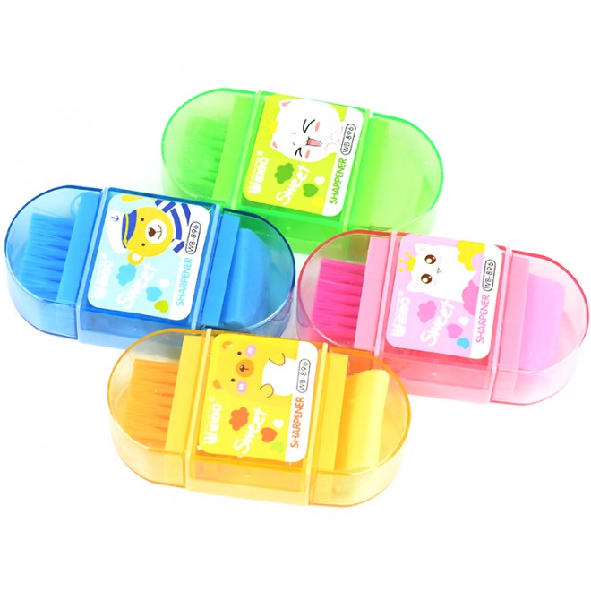 Wholesale Green Pink Yellow Cute Cartoon Small Multifunctional Pencil Sharpener With Eraser Clear Brush Fit Children Student