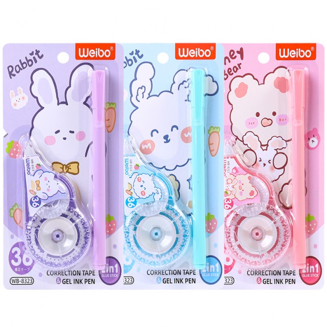 New correction tape WEIBO Suitable for students Cute rabbit correction belt+neutral pen suit Creative style, multiple colors, la