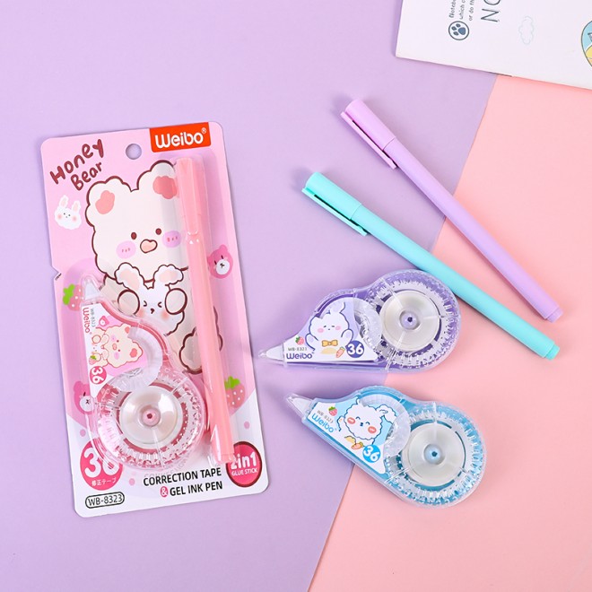 New correction tape WEIBO Suitable for students Cute rabbit correction belt+neutral pen suit Creative style, multiple colors, la