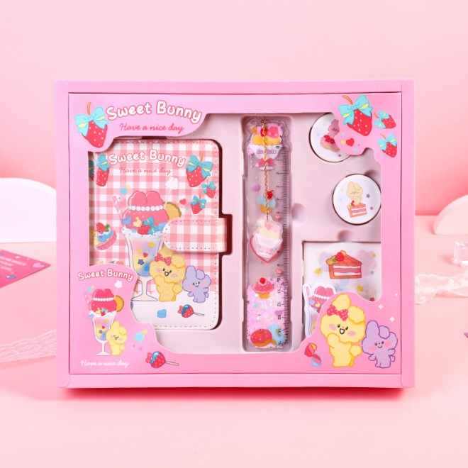 WEIBO  Student School Supplies Gift set Children Stationery Learning Set Birthday Gift Portable Gift Box Dessert rabbit pink sty