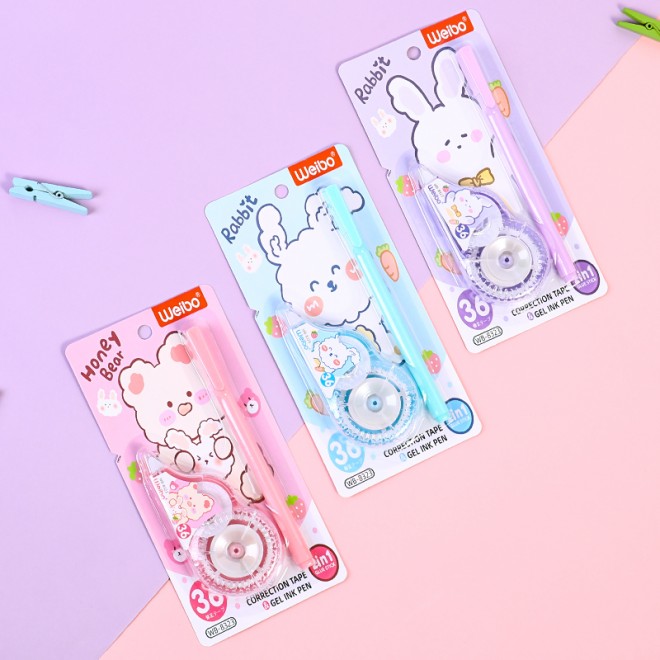 New correction tape WEIBO Suitable for students Cute rabbit correction belt+neutral pen suit Creative style, multiple colors, la