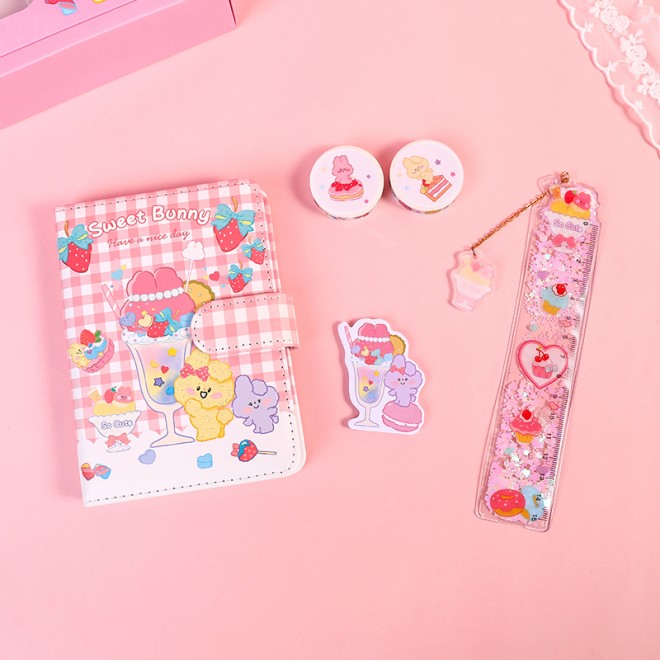 WEIBO  Student School Supplies Gift set Children Stationery Learning Set Birthday Gift Portable Gift Box Dessert rabbit pink sty