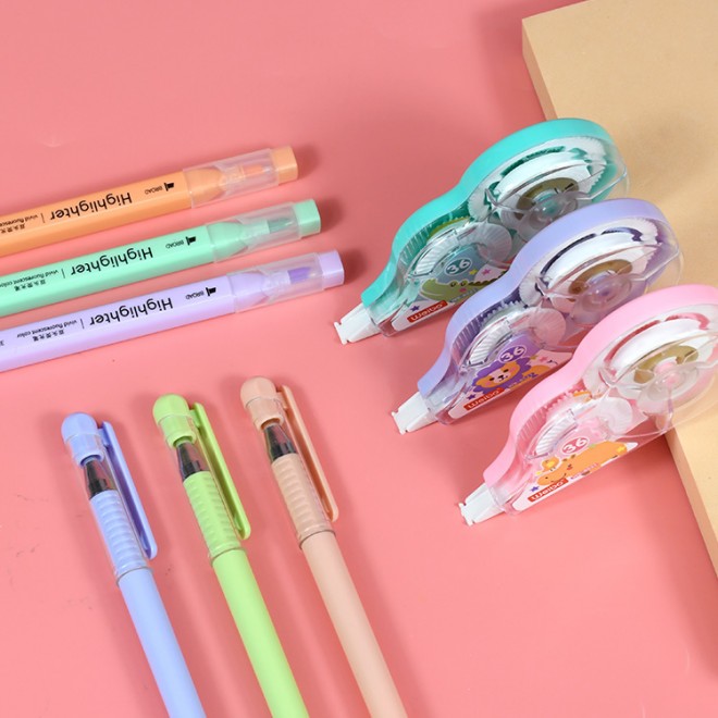 Popular Cute Stationery cartoon 6m 5mm Correction Tape Gel Pen Highlighter Set For Back To School Students Gift Promotion Set