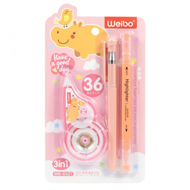 Popular Cute Stationery cartoon 6m 5mm Correction Tape Gel Pen Highlighter Set For Back To School Students Gift Promotion Set