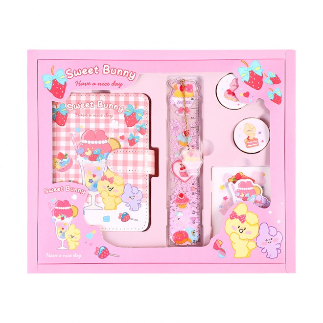 WEIBO  Student School Supplies Gift set Children Stationery Learning Set Birthday Gift Portable Gift Box Dessert rabbit pink sty