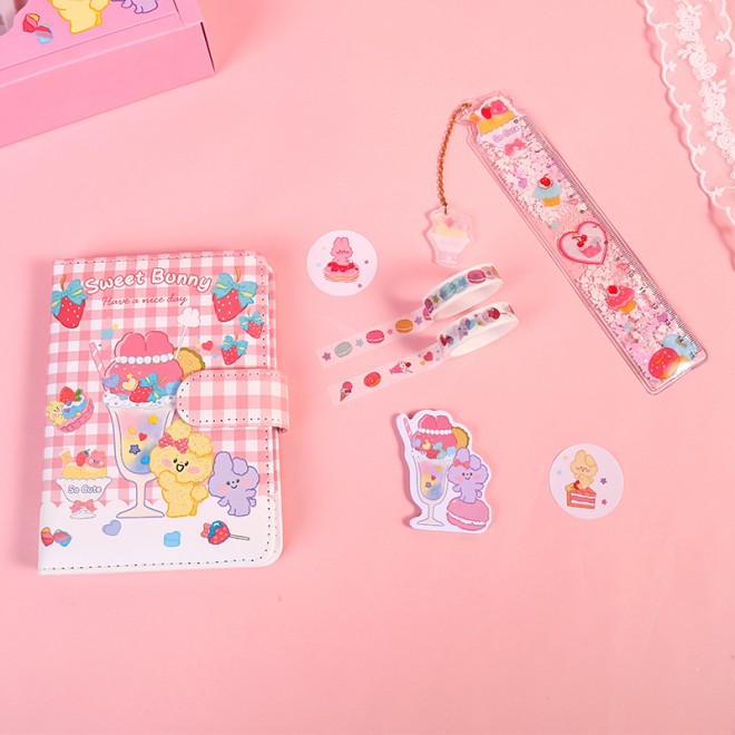 WEIBO  Student School Supplies Gift set Children Stationery Learning Set Birthday Gift Portable Gift Box Dessert rabbit pink sty